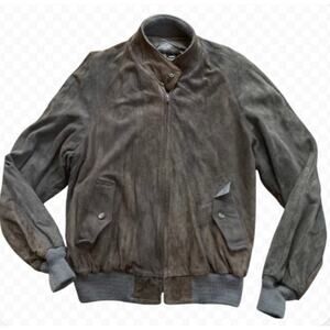 Vintage Suede Leather Bomber Jacket Men's Gray Brown Full Zip Flight Moto